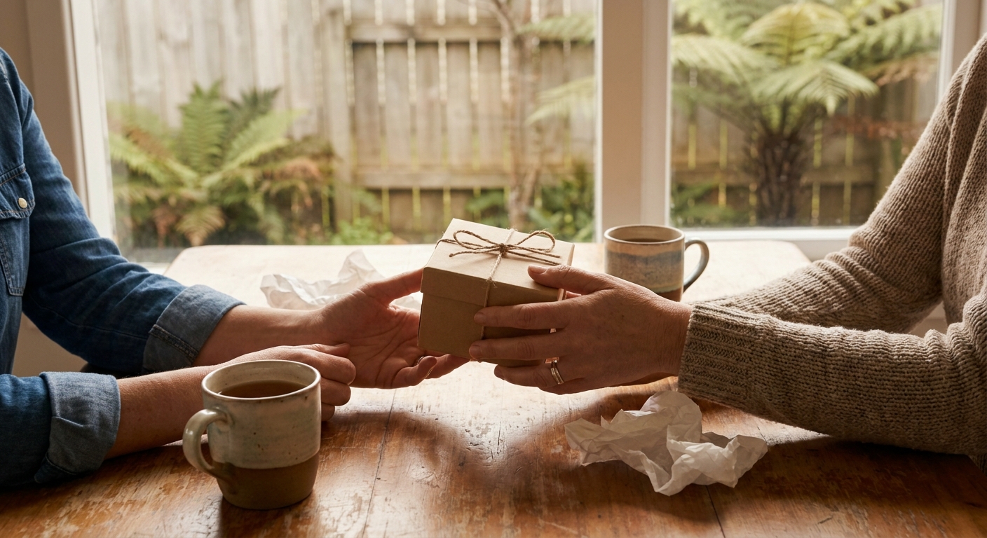 One woman giving another a small wrapped gift across a kitchen table