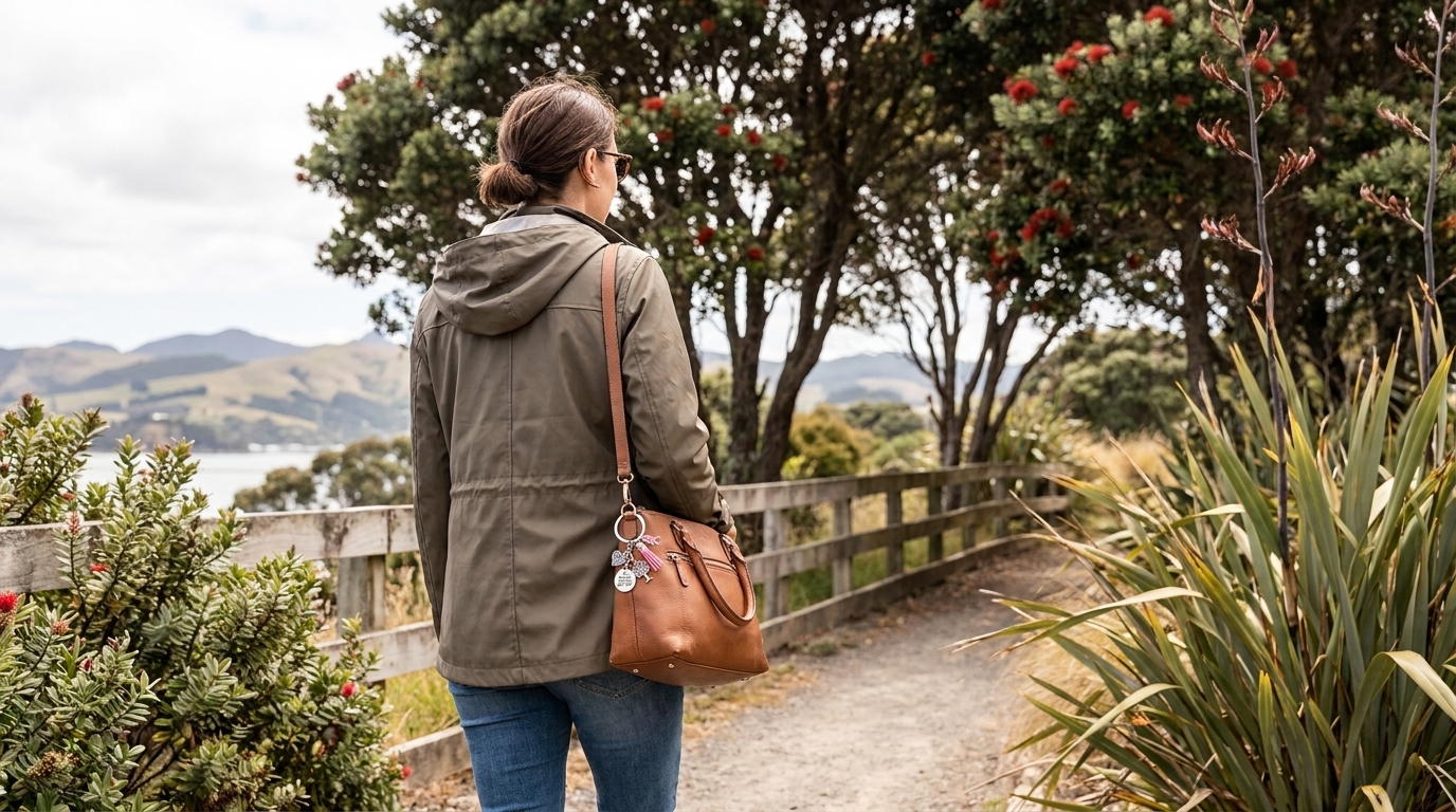 A woman walking with the KohaPink charm clipped to her handbag