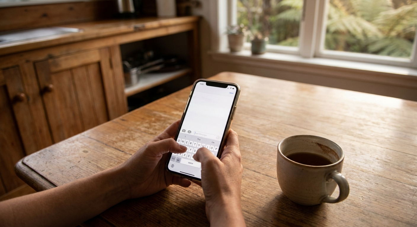 A woman composing a message on her phone at the kitchen table