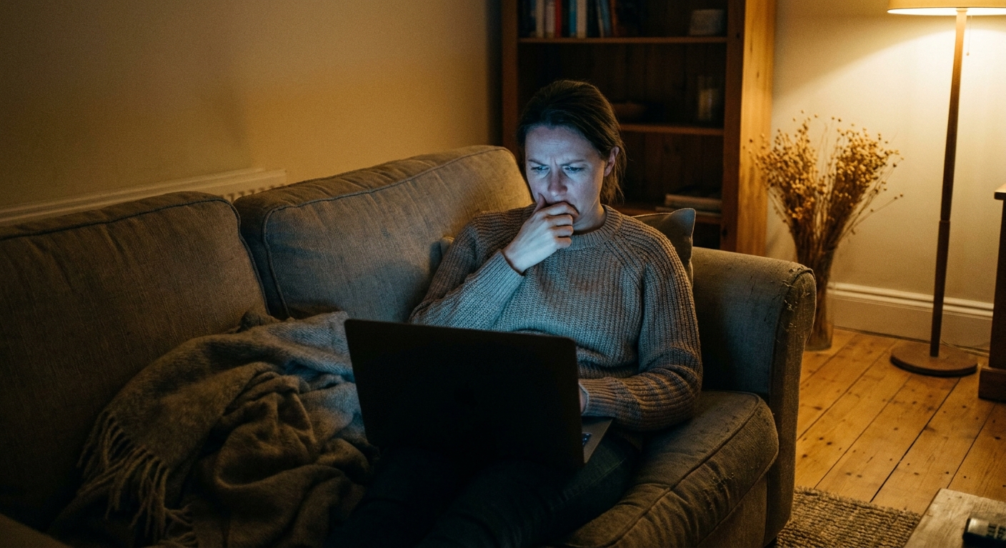 A woman sitting on her sofa and reading something on her laptop