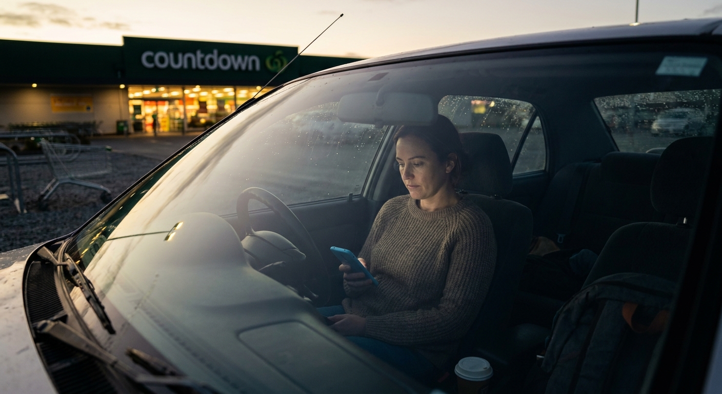 A woman reading a message while sitting in her car outside a supermarket
