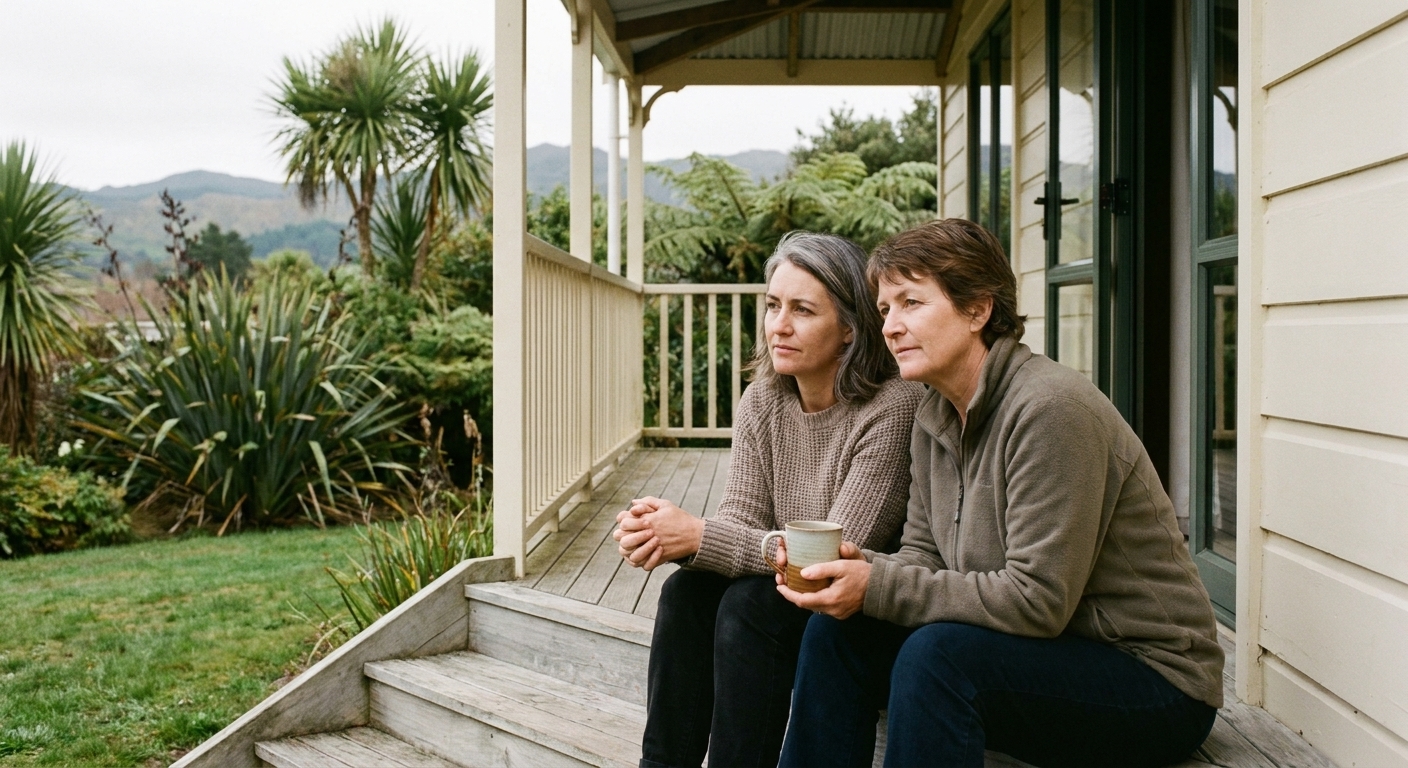 Two women sitting together on the steps of a New Zealand home